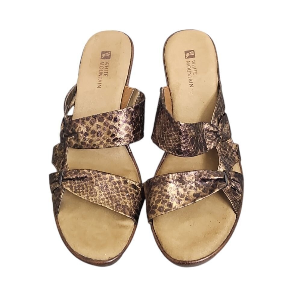 White Mountain Origami Wedge‎ Sandals Metallic Snake Print Strappy Slides Size 8